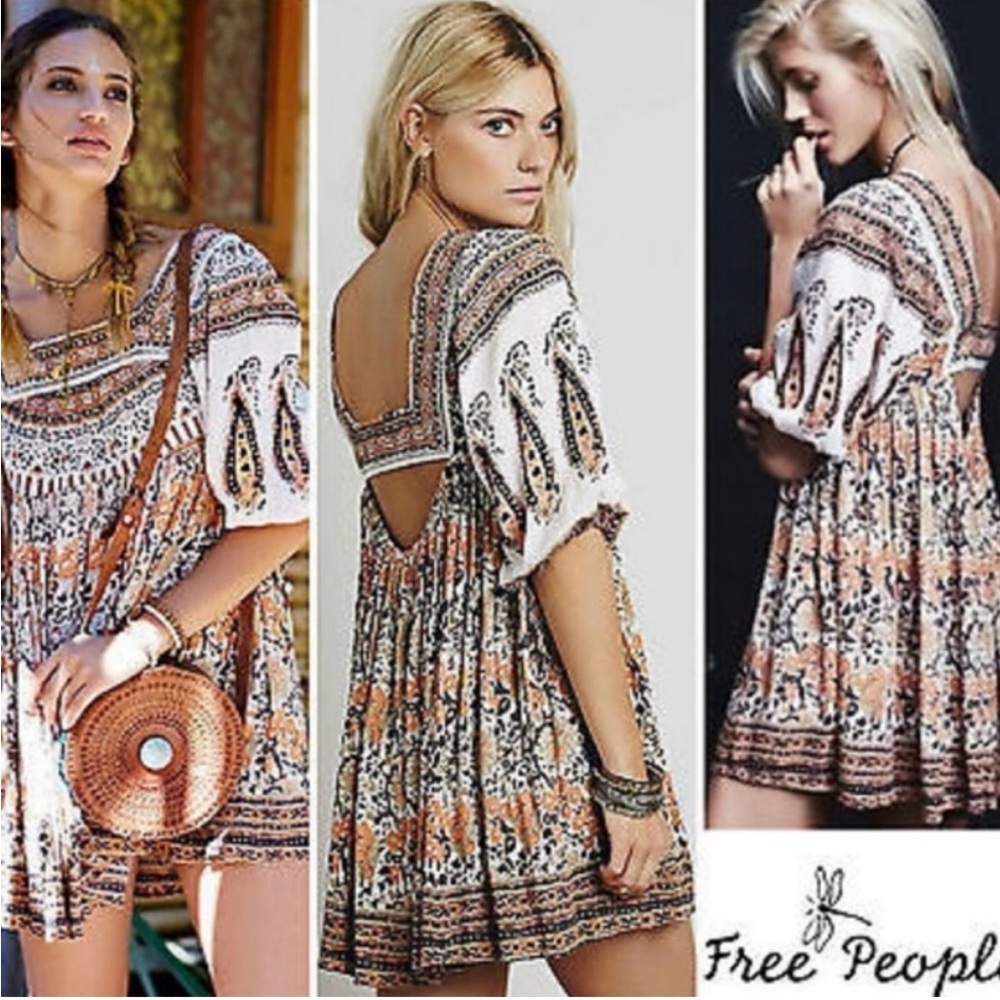 Free People Cream and Brown Pleated Fall dress with Bib Collar fall favorite ❤️